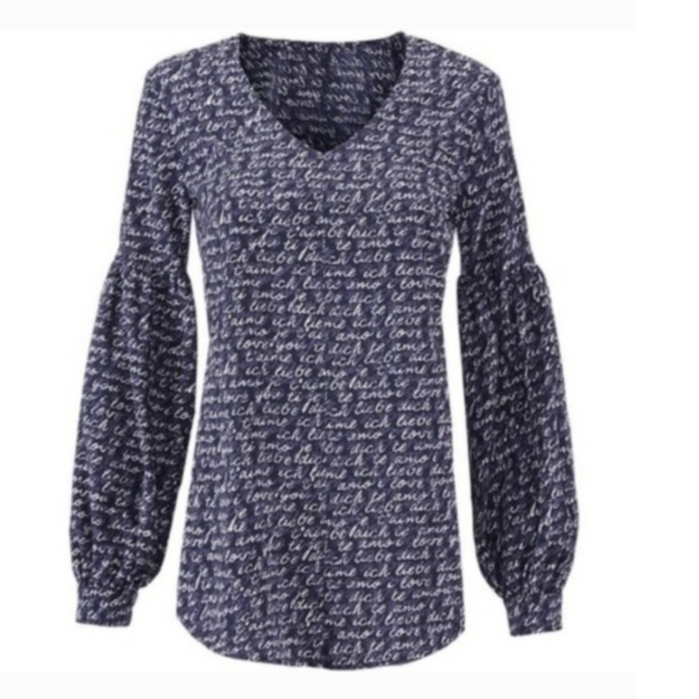 Cabi Blue Te Amo I Love You Juliet Balloon Sleeve V-Neck Tunic Top Med Oversized